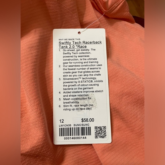 NWT Lululemon Swiftly Tech Racerback Tank 2.0 Race Sunny Coral Size 12 - Picture 7 of 7